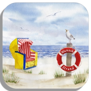Untersetzer Glasuntersetzer 9,5 x 9,5 cm Aquarell Maritim Kunst Druck Kunstdruck Nordsee Cuxhaven Duhnen Strandkorb Strand Meer